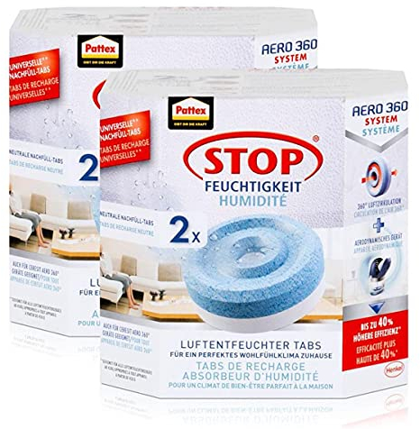 Henkel Pattex Stop Feuchtigkeit Aero 360° Luftentfeuchter Nachfüllpack 2x450g Neutral-Tabs - Vorbeugend gegen Feuchtigkeit, schlechte Gerüche und Schimmel (2er Pack)