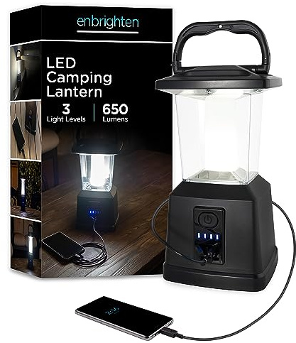 Enbrighten LED Rechargeable Lantern, 11”, USB Power Bank, 4400mAh, 650 Lumens, Dimmable, 405 Hours of Run Time, Ideal for Camping, Outdoor, Emergency Weather, Storms, Black, 43934
