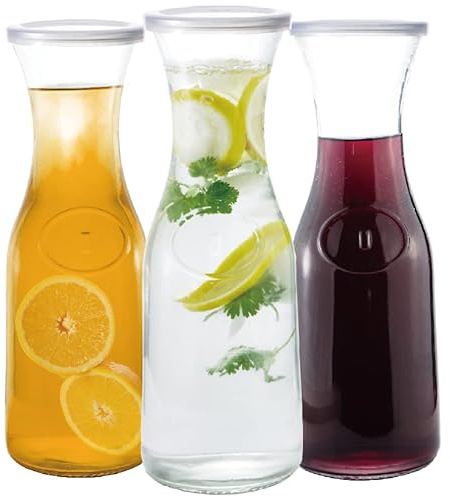 Chefcaptain Pack Of 3 Zero Lead Glass 1 Liter Pitchers With Lids, Juice Decanters, Wine Carafes