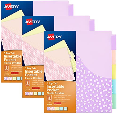 Avery Pocket avdelare med stora flikar för 3 ringbindemedel, set med 5 flikar, blandade mönster, 3 set (11255)