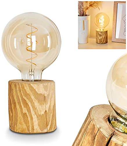 Tischleuchte Canedo, 1-flammige Tischlampe aus Holz und Kunststoff in Natur/Schwarz, Leuchte im skandinavischen Design mit An-/ & Ausschalter am Kabel und Lichteffekt, 1 x E27, ohne Leuchtmittel