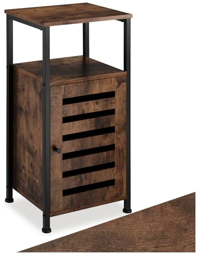 tectake® Mesa Auxiliar Salon Estilo Industrial 2 Estantes y Puerta, Mesita de Noche, Decoracion Hogar, Mesitas de Noche, Mesita Auxiliar - 31,5 x 38,5 x 81 cm Madera Industrial Oscura, Rústica