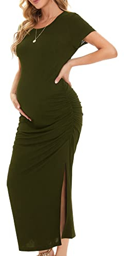 Smallshow Vestidos de Maternidad Mujer Larga Side Split Ropa premamá Army Green M