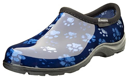 Sloggers Original Waterproof Rain and Garden Shoe for Women– Outdoor Slip-On Garden Clog - Made in The USA with Premium Comfort Insole and Arch Support - Grungy Paw Print Blue, Size 8