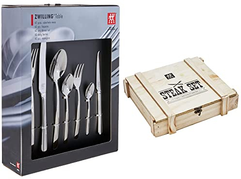 Zwilling Nova - Set de Cubiertos de Mesa, 42 Piezas, Acero Inoxidable, 35 x 25 x 10 cm & Juego de Cubiertos para bistec para 6 Personas, 12 Piezas, 6 Cuchillos para bistec y 6 Tenedores para bistec