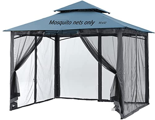 Mosquito Netting for Gazebo Canopy, Replacement Screen Walls Netting with Slip Rings, 4-Door Zipper, Easy to Install Black (Net Only) (10x12FT)