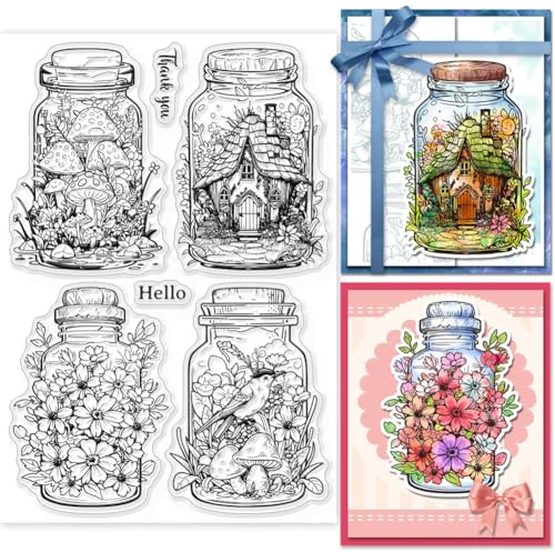 GLOBLELAND Bottle Flower Clear Stamps for Cards Making Mushroom Bird Tree House Silicone Clear Stamp Seals Transparent Stamps for DIY Scrapbooking Photo Album Journal Home Decoration