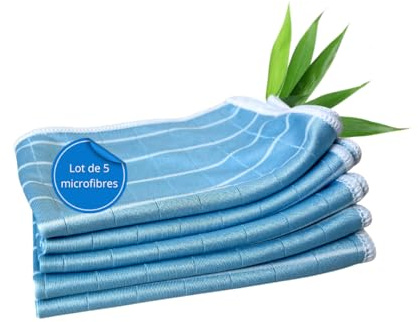 Tech'N'Fast Chiffon Bambou - Essuyage vitre sans Trace, INOX, chromes, miroirs - Lot de 5 Microfibres - Dimensions 48x36cm - Couleurs : Vert-Bleu-Rose (Bleu)
