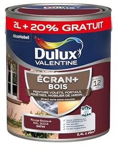 Dulux Valentine Peinture Extérieure Ecran+ Bois - Haute résistance aux intempéries et aux UV, anti-encrassement, couleur longue tenue - Rouge Basque 2 L + 20% gratuit