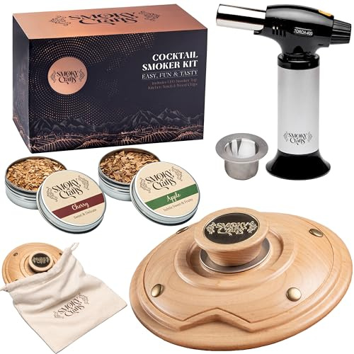 Smoky Crafts Cocktail Smoker Kit with Torch - Whiskey Smoker Kit comes with Saturn-Shaped Smoke Infuser, Culinary Torch, Cotton Bag and Wood Chips (Apple & Cherry) - Gifts for Men (Without Butane)