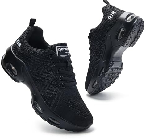 Trainers for Womens Black Running Shoes Ladies Air Cushion Memory Foam Plantar Fasciitis Orthopedic Shoes Comfort Non Slip Work Shoes All Black UK 6