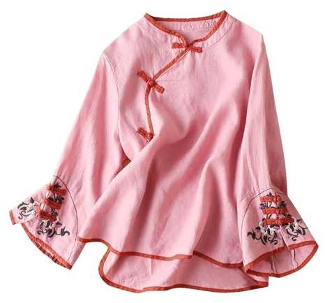 Womens Holiday Shirts Formal Blouse 2025 Fashion Chinese Traditional Suit Blouse Women Embroidery Cotton Linen Bell Long Sleeve Shirts Frog Button Tops Cheongsam Side Split Shirts for Women (Pink, M)