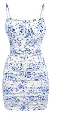GORGLITTER Girl's Boho Floral Ruched Cami Mini Dress Spaghetti Strap Bodycon Pencil Holiday Sundress