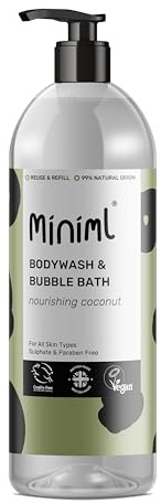 Miniml All Natural Body Wash and Bubble Bath - 1L Bottle Moisturising Coconut Skin Eco Shower Gel Bath Soak - Vegan Friendly High Foam