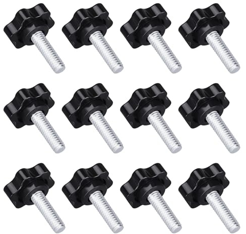 12 Pack 1/4-20 Black Star Knobs Star Hand Knob Threaded Knurled Thumb Nuts Thumb Screw Knobs with Bolts for Umbrella Base Replacement Female Threaded Hexagon Head Thru Knob