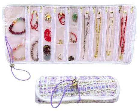 Portable Travel Jewelry Organizer Roll with 17 Zippered Compartments,Tangle-Free Necklace Storage Bag,Travel Jewelry Pouch for Bracelets, Earrings, Rings, Brooches (Purple)