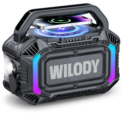 Wilody Speakers Bluetooth Wireless, 100W Loud Outdoor Speaker with Bass, IPX7 Waterproof Floatable, 20H Playtime, Wireless Charge, TWS, RGB Light, Portable Speaker for Work, Garage, Outdoor (Black)
