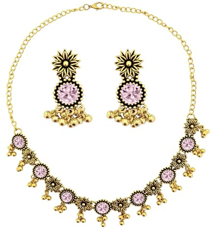 VLYX Set di Gioielli Tradizionali Indiani per Donna, Collana e Orecchini Jhumka, Stile Boho Etnico Regalo da Matrimonio (Rosa)