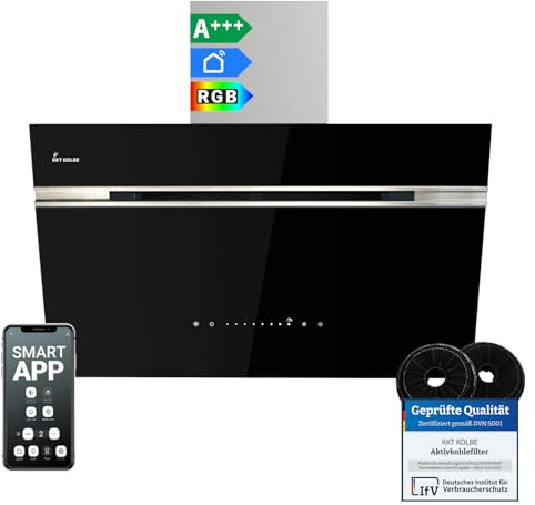 KKT KOLBE A+++ Cappa aspirante 80 cm 782 cbm/h di convezione dell'aria di scarico senza testa | nero argento inox | vetro | ricarica automatica | Smart WiFi App Wi-Fi | SensorTouch | RGBW LED |