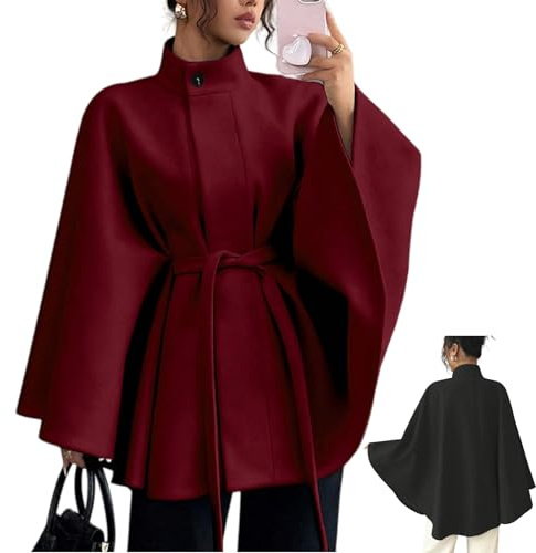 Manteau cape à manches chauve-souris pour femme, col montant noué sur le devant, manteau en laine mélangée, manteau d'automne et d'hiver, veste cape courte 2026, Rouge, M