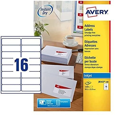 AVERY - 1600 Étiquettes Adresse Autocollantes Blanches Personnalisables - Format 99,1 x 33,9 mm - Impression Jet d'Encre