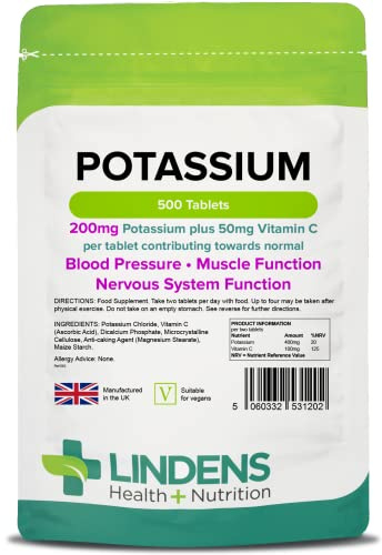 Lindens - Potassium 200mg, 500 Tablets - with 50mg Vitamin C Per Tablet - UK Made - Contributing to Normal Blood Pressure, Muscle and Nervous System Function - Letterbox Friendly, Vegan