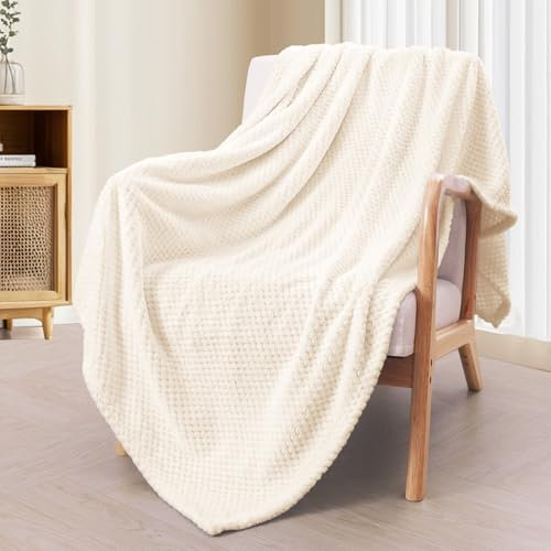 Exclusivo Mezcla Fleece Throw Blanket Extra Large, Super Soft and Warm Blankets for Couch, Sofa and Bed Waffle Textured, Cozy, Fuzzy and Lightweight, Off White, 127x178 CM