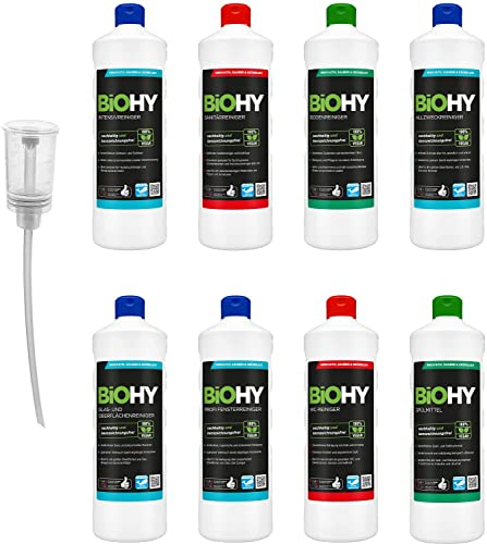 BiOHY Reinigungsmittel Komplett Set mit Dosierer (8 x 1 L) | Bad-, Fenster- und Bodenreiniger |kraftvoll & effizient | nachhaltige Bio Reiniger