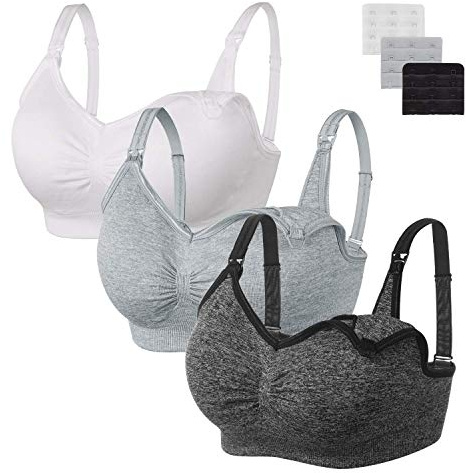 Angelhood Womens Seamless Sleep Nursing Bra,Breastfeeding Maternity Bra with Remove Bra Pads Extenders Pack of 3 Black/White/Grey