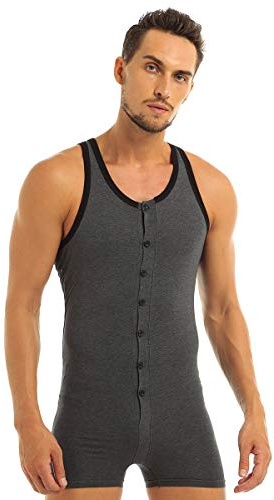 Alvivi Herr bodysuit bomull ärmlöst linne sport bodysuits fitness tröja underkläder knapp bodysuit M-XL, Färg: grå, XL