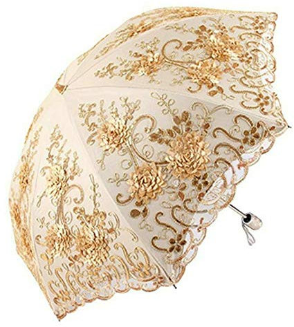DH-LINK Vintage Damen Spitzenschirm Schattierung, Sonnenschutz, Sonnenschirm, faltbar, Blumenstickerei Regenschirm, champagnerfarben, Medium