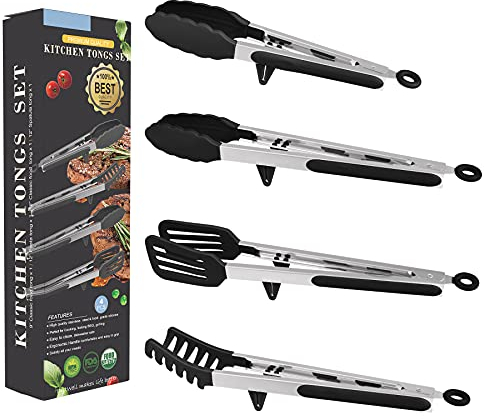 4in1 Stainless Steel Kitchen Food Tongs Set for Cooking with Silicone Tips, Toaster Steak Pie Pizza Pasta Spaghetti Noodles Salad Fruit Vegetable Grill BBQ Buffet Clamp Serving Tools Gadgets