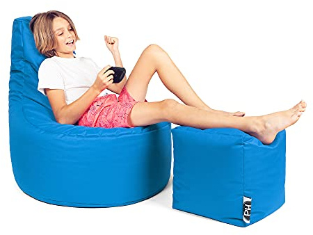 PATCH HOME Patchhome Gamer Cushion Lounge Cushion Bean Bag Armchair Seat Cushion Bean Bag + Cube / Stool with Zip Already Filled (Royal Blue, XXL, Diameter 80 cm Chair + 35 x 35 cm Cube)