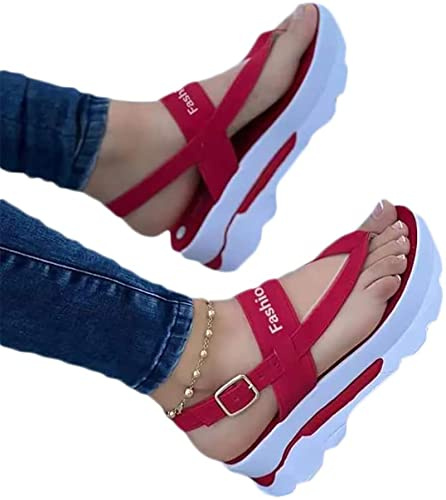 HHZYT Sandali Sportivi alla Moda da Donna Infradito Casual con Plateau Sandali da Passeggio con Zeppa Estiva Cinturino alla Caviglia Comode Scarpe da Spiaggia,Rosso,US6/EU37