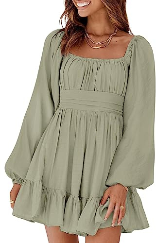 Dokotoo Women's Lantern Long Sleeve Dresses Tie Back Square Neck Spring Dresses Ruffled Off Shoulder A-Line Midi Dress Casual Mini Dress for Women Grey Medium