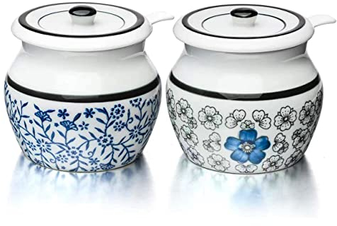 Evannt Salero de cerámica con tapa y cuchara, salero y pimentero, juego de 2 tarros de porcelana para condimentos, contenedor de especias, caja de condimentos de sal y especias (patrón 1#)