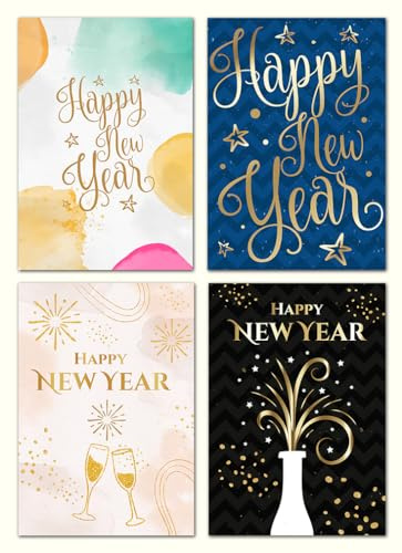 Giftinghouse Happy New Year Cards 2026 Pack of 12/24/48 - Gold Foil Greeting Cards Multipack with White Envelopes - Blank Inside Eco-Friendly Card Set for friends and family. (12 CARDS)
