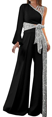 Mono de mujer elegante y festivo - mono de boda con hombros descubiertos, traje de verano, ligero, bohemio, con cinturón, pierna ancha, pantalones de verano, mono, tallas grandes