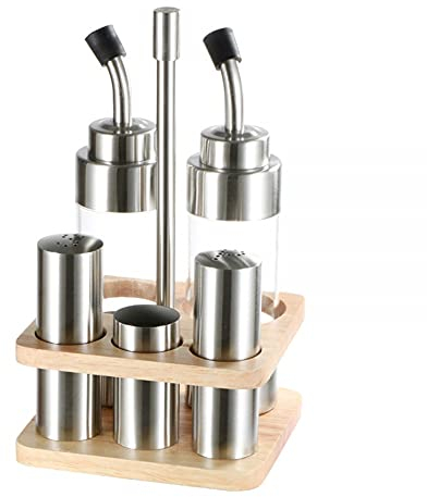 Cruet Set 5 Pieces, for Salt, Pepper, Vinegar, Oil, Vinegar/Oil Dispenser Stand, Salt Mill, Pepper Mill, Clear/790