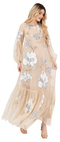 Maya Deluxe kvinnor kvinnor maxi kvinnor långärmad båthals ren tyll blommig paljett embellished trapeze kväll bal boll klänning, champagne, 34