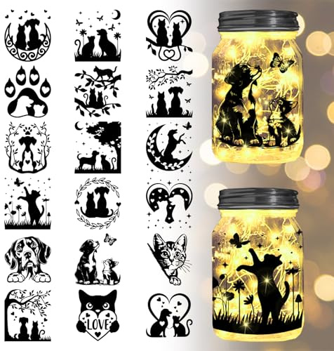 GLOBLELAND 18 Sheets Cat and Dog Transfer Stickers Love Heart Animals Rub on Transfer Decals Stickers Flower Leaf UV Cup Wraps Stickers for Furniture Vase Glass Mason Jars Decorations