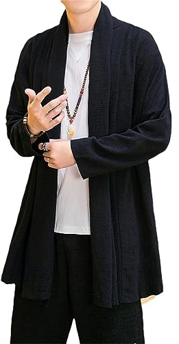 BoShiNuo Abbigliamento cinese Lino Maniche Lunghe Cardigan Mantello Cappotto Uomo Camicia Lunga Abbigliamento Orientale Kung Fu Giacca Top, Nero , XL