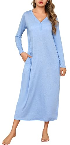 Leversic Camicia da Notte Donna Manica Lunga Camice da Notte Cotone Vestito da Notte Invernale con Tasche Pigiama Tinta Unita Azzurro 3XL