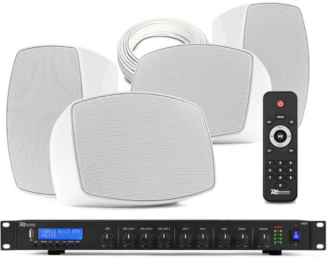 Power Dynamics 4x White Wall Mounted Speaker System with PDC90 Media Amp – Weatherproof Outdoor Speakers, Commercial Music System for Restaurant & Cafe, DAB+ Radio, Bluetooth, IPX5 Rated