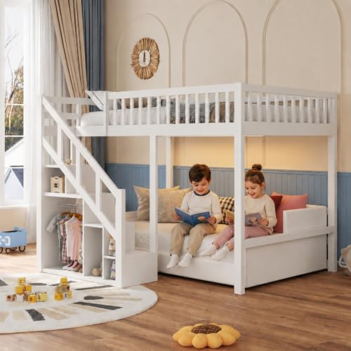 Kinderbett 140 x 200 cm, Etagenbett mit rechtwinkliger Treppe, Kinder-Hochbett mit Stoßschutz, Einzelbettrahmen für Kinder mit Lattenrost, Weiß (140x200)