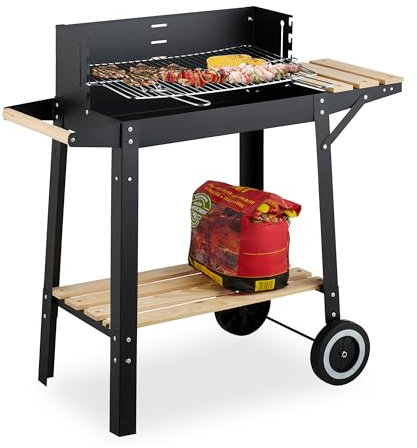 Relaxdays Barbacoa Carbón con Ruedas, 2 Baldas, Rejilla Regulable en Altura, Paravientos, Parrilla 80,5x86x42 cm, Negro