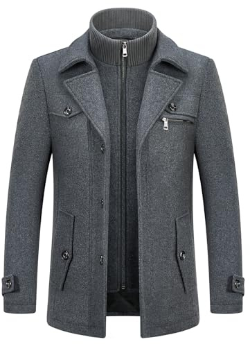 Kudoro - Abrigo para hombre, de lana caliente, medio largo, invierno, para abrigo, diseño clásico, parka, gris, XXL