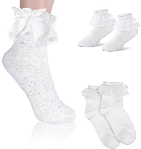 Scinzene Confezione da 3 calzini da donna, eleganti calze bianche con fiocchi e pizzi, accessori tradizionali per donne e ragazze, comodi calzini traspiranti per abiti Dirndl