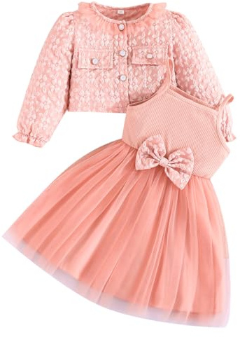 Yanmucy Flickklänningar och kappa set 2 st texturerat blomtryck klänningar långärmad kofta baby flicka kläder kläder för 2–8 år, ROSA, 6 år