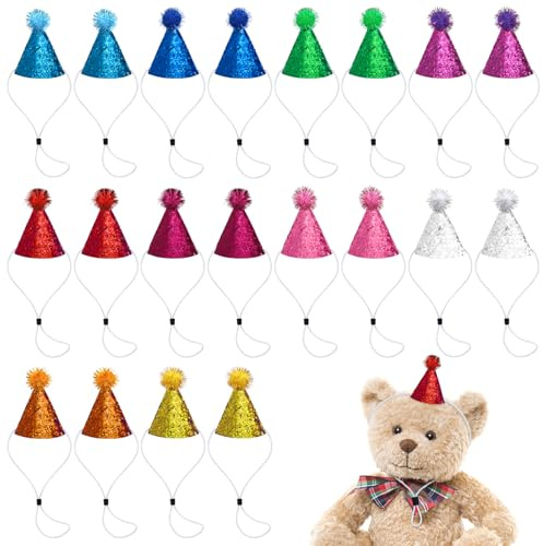 Okllen 20 Pieces Mini Birthday Hats for Stuffed Animals, Tiny Cone Party Hats with Pom Poms Glitter for Small Pets, Adjustable Cat Dog Rabbit Costume Hat for Birthday, Holiday
